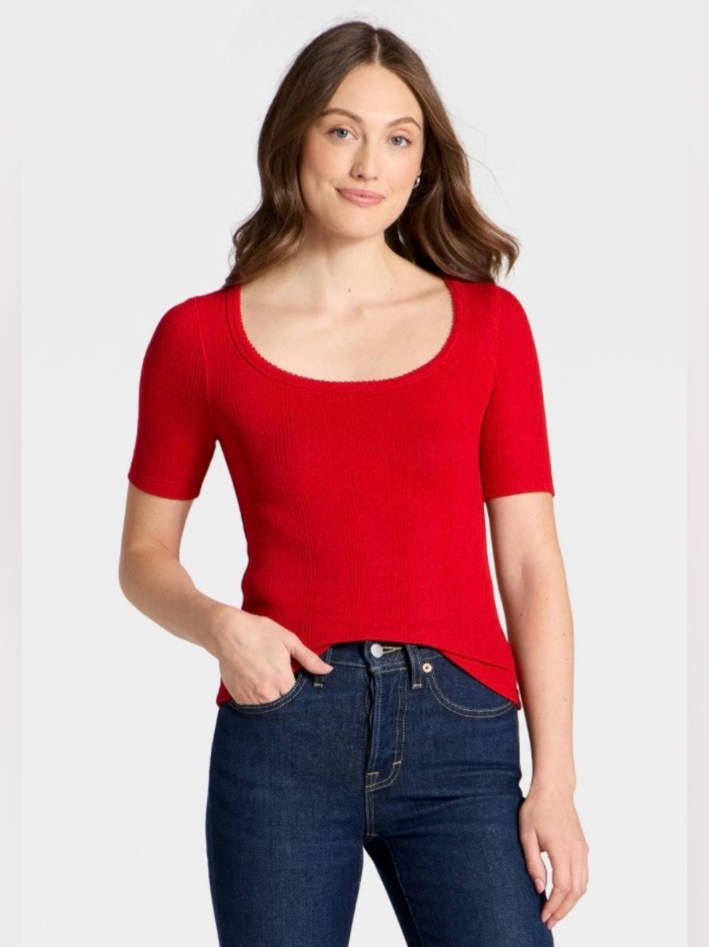 Women's Short Sleeve Scoop Neck Pointelle Blouse - Universal Thread™ Red L NWT